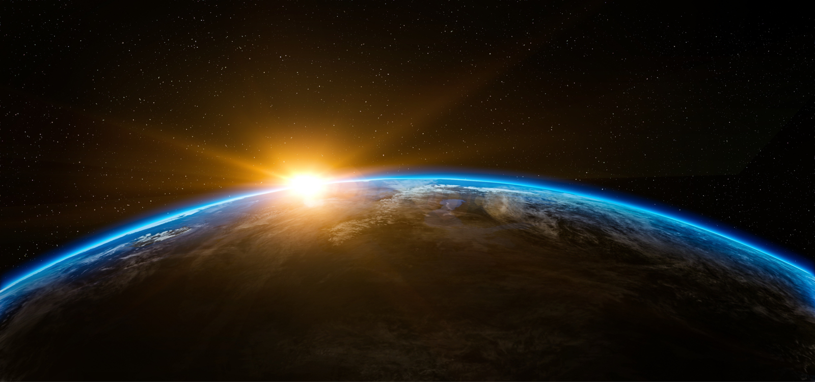 Earth's horizon from orbit, with a trajectory line reaching toward a distant star